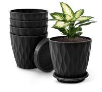 ALAGIRLS 15cm Plastic Plant Pots 4PCS Plant Pots with Drainage Holes and Saucers,Set of 4 Flower Pot with Tray, Modern Decorative Planters, Indoor and Outdoor,Black