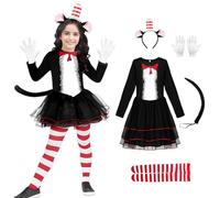 Alaiyaky Cat In The Hat Costume Kids, World Book Day Costumes for Girls Cat Costumes Cat in Hat Dress with Pantyhose Headband Tail Gloves, Cat Outfit World Book Day Costumes for Kids (Suit A, 110)