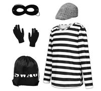 Alaiyaky Kids Burglar Costume - Black & White Striped Prisoner Dress Up with Beret, Mask, Gloves & Swag Bag - Thief Costume for Halloween & World Book Day (Suit A, 110)