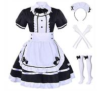 Alaiyaky Maid Dress Costume, French Maid Outfits for Women, 8Pcs Maid Cosplay Gothic Fancy Dress with Headwear Stockings Gloves Apron, Maid Dress Up for Halloween Carnival Masquerade (Type A, S)