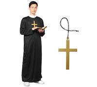 Alaiyaky Monk Costume Set for Adult, Black Monk Robe Outfits with Cross Necklace Nun Turban, Priest Costume for Halloween Carnival Theme Party (Male, XL)