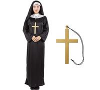 Alaiyaky Nun Outfit for Adult, Priest Costume Suit, Vicar Outfit, Monk Costume With White Collar Cross Necklace, Halloween Fancy Dress for Men Women (Female, L)