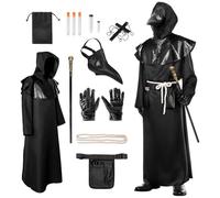 Alaiyaky Plague Doctor Costume - Steampunk Fancy Dress with Plague Doctor Mask, Scepter, Cross Necklace, Belt Pouch - Halloween Costume for Adults (Black, S)