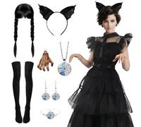 Alaiyaky Princess Costumes for Girls, Wednesday Costume Goth Dress Black Dress with Wig Headband Necklace Belt Socks Earrings Bracelet Pendant, Gothic Dress Suit for Halloween Party (Adult B, XL)