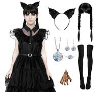 Alaiyaky Wednesday Costume for Girls Women, Prom Dresses Evening Dress Outfits with Wig Headband Necklace Belt Socks Earrings Bracelet Pendant, Ball Gowns Black Dress for Birthday Party (Adult B, XL)