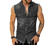 ALAIYO Mens Muscle Shirts Mens Slim Fit Lapel Denim Shirt Without Sleeve Mens Pocket Decoration Denim Waistcoat Mens Button Front Cowboy Sleeveless T-Shirt B-Black L