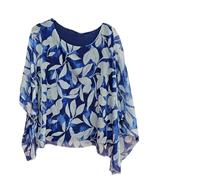 Alam Exclusive Italian Silk Kaftan Tunic Top, Leaf Print, Lagenlook, Batwing 3/4 Sleeves, Flowy, One Size 8-14 UK (UK, Numeric, 8, 14, Regular, Regular, Navy)