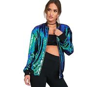 Alam Exclusive Ladies Sequin GlitterMulti Coloured Metallic Summer Festival Party Bomber Jacket Size 8-18 (as8, numeric, numeric_12, numeric_14, regular, regular, Glitter Green)