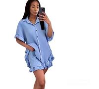 Alam Exclusive Women's Pleated Shirt with Short Co-Ord Set Short Sleeve Button Up Shirt Loungewear Casual Elegant Ladies Party Holiday Travel (Sky Blue, One Size (8-14))