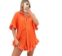 Alam Exclusive Women's Pleated Shirt with Short Co-Ord Set Short Sleeve Button Up Shirt Loungewear Casual Elegant Ladies Party Holiday Travel (Orange, One Size (8-14))