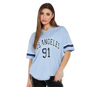 Alam Exclusive Women's T-Shirt Top Sport Los Angeles 91 Varsity Baseball Jersey, V-Neck Short Sleeve Summer Holiday (UK, Numeric, 8, 10, Regular, Regular, Sky Blue)
