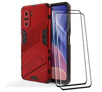 Alamo Phone Case for Xiaomi POCO F3, PC+TPU Shockproof Armor Cover with Kickstand, Case + 2 Pack Screen Protector - Red.