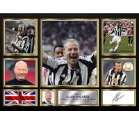 Alan Shearer Signed Autographed Poster Print - Landscape Collage with Photos, Plaque & British Flag - Framed Football Memorabilia- Gift for Fans & Collectors, A4 Poster Print (297x210mm)