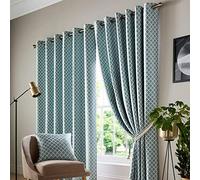 Alan Symonds Cotswold Fully Lined Jacquard Eyelet Ring Top Curtains - Pair (Teal, 90" x 72" (229x183cm))