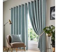 Alan Symonds Wold Teal and White Ring Top Eyelet Curtains 117cm x 137cm - Size: W 117 x D 137cm - Teal/White - Wilko