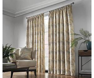 Alan Symonds Fiji Ochre Pencil Pleat Taped Top Curtains Pair Fully Lined Floral 90”x90”