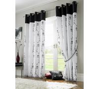 Tahiti Embroidered Lined Voile Eyelet Curtains, Black, 56 x 72-Inch