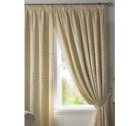 Alan Symonds Pencil Pleat Curtains Tivoli - Cream-lined, Trailing Leaf Jacquard - 66" x 72" Beige