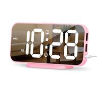 ALANAS Pink Mirror Digital Alarm Clock for Girls & Teens, Dual Alarms, Snooze, Adjustable Brightness, 2 USB Ports, Weekday Display, Cute Bedside Clock for Kids, Bedroom, Desk, Dorm, Gift Idea