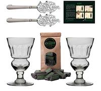 ALANDIA Absinthe Accessory Set Pontarlier Premium | 2 x Handmade Glasses with Reservoir | 2 x Stainless Steel Spoons | 1 x Sugar