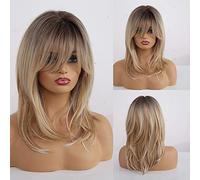 Alanhair Haircube Women's Shoulder Length Wig with Bangs Dark Roots Blonde Synthetic Hair Layered Heat Resistant Fiber for Daily Use