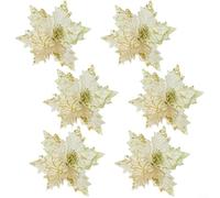 Alanmoship 6Pics 20Cm Glitter Christmas Flowers Poinsettia Ornaments For Xmas Tree, Wreath And Garland Decor, Artificial Festive Flower Picks(Yellow)