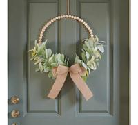 Alanmoship Autumn Fallen Leaves Wreath With Wood Beads Bow, Artificial Plant Wall Hanging For Door, Wall, Courtyard - Farmhouse Style Seasonal Decor