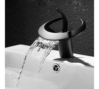 Alanmoship Modern Single Hole Waterfall Basin Faucet Contemporary Bathroom Sink Mixer Tap Hot Cold Water Control Solid Copper Construction White Black Gray Options(Black)