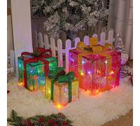 Alanmoship Set Of 3 LED Christmas Lighted Gifts Boxes Outdoor Decorative Lighting For Yard Lawn Holiday Display, Colorful Polyester Fabric, 3 Sizes(B)