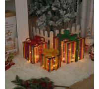 Alanmoship Set Of 3 LED Christmas Lighted Gifts Boxes Outdoor Decorative Lighting For Yard Lawn Holiday Display, Colorful Polyester Fabric, 3 Sizes(C)