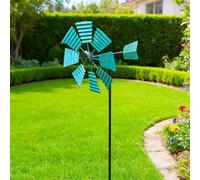 Alanmoship Vintage Outdoor Iron Windmill Stake With Teal Leaf Blades For Garden Yard Lawn Decor, 43.3 Inch Weather-Resistant Metal Ornament Easy To Install