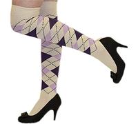 Alanna Jones Girls Women Ladies Argyle Cotton Rich Over the Knee High Socks Argyle Thigh Socks Leg Warmer for Casual Daily Wear UK Size 4-6.5 (Cream Lilac Purple)