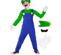 ALANTOP Super brothers Costume Kids, 4Pcs Outfit Costume, Luigi Cap, Pants and Gloves, Carnival Halloween Jumpsuit Cosplay Costume Decoration for Boy Girl