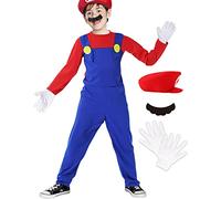ALANTOP Super brothers Costume Kids, 4Pcs Outfit Costume, Luigi Cap, Pants and Gloves, Carnival Halloween Jumpsuit Cosplay Costume Decoration for Boy Girl