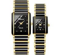 ALANTOP Vintage Couple Watches Men and Women Matching Quartz Watch Square Ceramic His and Hers Watches Set Pair Watches Diamond Waterproof (Gold Black)