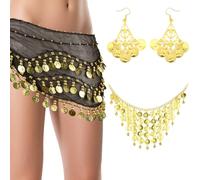 Alaoo 3 PCS Set Belly Dance Hip Scarves with Necklace and Earrings,Hanging Belly Dance Costume Belt,Coin Hip Scarf with 128 Gold Pieces for Stage,Party,Celebration,Black