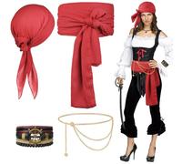 Alaoo 4 Pcs Pirate Costume Accessories Sets, Pirate Captain Accessories with Bandana Sash Belt, Medieval Renaissance Corsair Costume for Halloween Corsair Party,Red