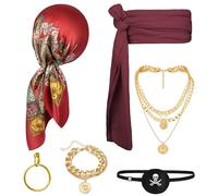 Alaoo 6 Pcs Pirate Costume Accessories Sets, Pirate Captain Accessories with Bandana Sash Belt, Medieval Renaissance Corsair Costume for Halloween Corsair Party, Red