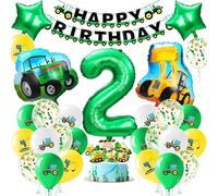Alaoo Birthday Boy Tractor Balloon Set, 37Pcs Green Car Birthday Balloon Set Green Foil Number 2, Tractor Construction Site Car Themed Decoration for Baby Shower Party Supplies