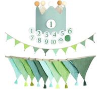 Alaoo Fabric Bunting Banner,Triangle Garland Flags with Tassels,Birthday Crown for Kids,Interchangeable Number from 1 to 10 for Birthday,Wedding,Baby Shower,Party Festivals Decoration(Green)