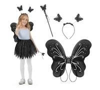 Alaoo Fairy Wings Costume for Girls, 3PCS Glitter Kids Girls Butterfly Wings Dress Up with Magic Wand Headband, Mini Butterfly Wing Fancy Dress Outfit for Halloween Birthday Christmas Party, Black