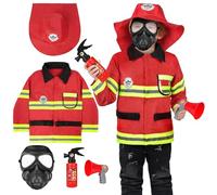 Alaoo Kids Fireman Costume Set, 5Pcs Dress Up Firefighter Outfit for Boys and Girls with Complete Accessories Firefighter Toy Set, Children Role Play Halloween Costumes, Red 120cm