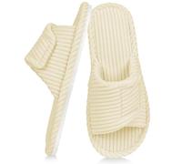 Alaoo Ladies House Slippers Memory Foam, Adjustable Hook and Loop Corduroy Womens Slippers, Open Toe Cosy Non Slip Indoor Outdoor Home Slipper, White 3-4UK