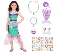 Alaoo Mermaid Dress Set for Girls, Little Mermaid Princess Costumes with 10 Temporary Tattoos, Necklaces, Earrings, Bracelets Rings, Bags, Mermaids Costumes for Carnival Cosplay Party, 110cm