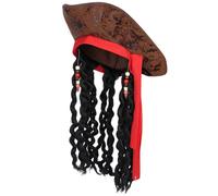 Alaoo Pirate Captain Costume Cap, Deluxe Pirate Tricorn Hat with Beads and Dreadlocks Hairs, Halloween Wig for Fancy Dress Cosplay Props Masquerade Accessories