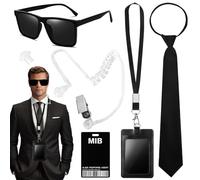 Alaoo Secret Service Costume Accessories, 6 PCS Spy Costume Accessory with Sunglasses, Zip Tie, Secret Service ID, Card Holder, Fake Earphones, Retractable Communication Cable, Agent Accessories Set