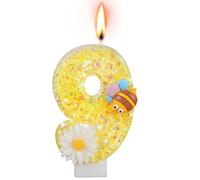 Alaoo Yellow Bee Birthday Candle, Girls Boys 9th Birthday Party Cake Decorations, Cute Cupcake Toppers Number Candle Decorations for Birthday Party (Number 9)