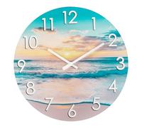 Alarllok 12 Inch Outdoor Clock - Waterproof Tempered Glass with Sunset Beach Scene, UV Resistant, Battery Operated, Silent, Coastal Decor for Patio, Pool, Garden, Porch & Bathroom