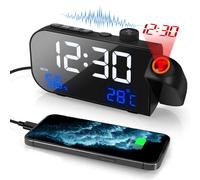 Alarm Clock Bedside Mains Powered Digital Clocks for Bedroom with FM Radio Projection Clocks USB Powered Voice Controlled Alarm Clocks with Week, Temperature, Humidity, Snooze, Adjustable Brightness