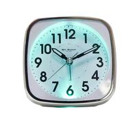 Alarm Clock Square White & Silver Metal 11cm Sweep Light Snooze Elegant Compact